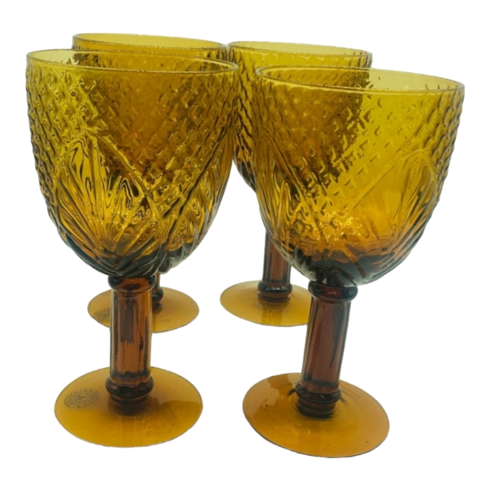 Set 4 American Living Amber Brown Yellow Goblet Glasses Stemware Pressed Glass